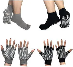 Pilates Socks with Grips for Women, Non Slip Yoga Socks for Barre Dance or Barefoot Workout (US, Alpha, One Size, Regular, Regular, 2 Pairs pilate Gloves and Sock - Black, Gray)