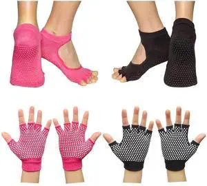 Pilates Socks with Grips for Women, Non Slip Yoga Socks for Barre Dance or Barefoot Workout (US, Alpha, One Size, Regular, Regular, 2 Pairs Yoga Gloves and Toe Socks - Rose, Black)