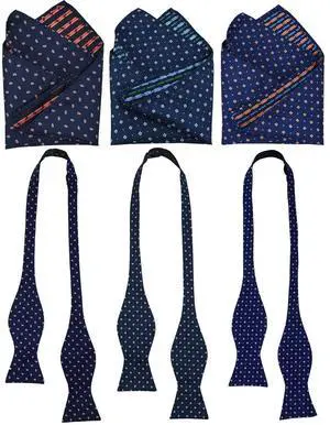 3pcs Mens Classic Silk Self Bow Ties and Pocket Square, Handkerchief Jacquard Woven Bowtie Set For Tuxedo & Wedding SB2 (Navy Blue Dot)