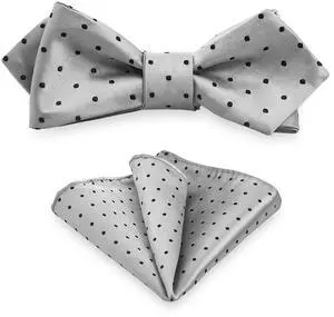 Polka Dot Bow Tie Pocket Square Set, Men Self Tie Bowtie with Handkerchief For Wedding Party or Formal Tuxedo M-S-B12 (Gray/Silver with Black Polka Dots)