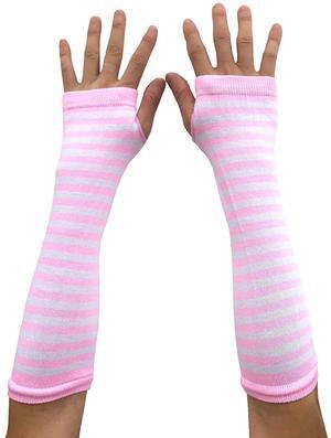 SYAYA Women Striped Long Fingerless Gloves, Winter Knitted Arm Warmers For Punk Rock/Cosplay/Goth/Christmas Party WM-S-G5 (White with Pink Striped)