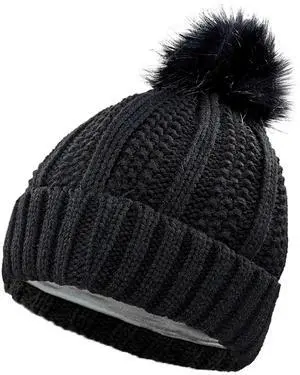 Womens Winter Hat, Winter Beanies Hats for Women with Pom Pom, Thick Wool Warm Knit Caps Pompom for Cold Weather U-SY-P1H (US, Alpha, One Size, Black)