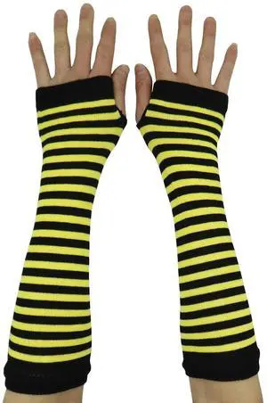 Pairs Striped Long Fingerless Gloves Elbow Length, Winter Knitted Thumb Hole Arm Warmers For Cosplay/ Goth/ Punk S-G-6 (1 Pairs Yellow with Black Striped)