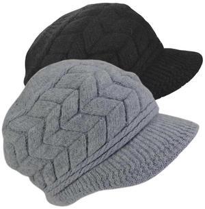 Womens Winter Hat with Brim, Beanie with Warm Fleece Lined & Visor for Women Wool Knit Newsboy Cap S-Y-H4 (US, Alpha, Medium, Z - 2 Packs - Black and Gray)