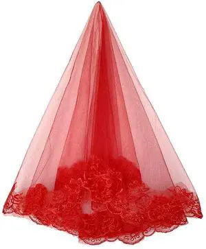 Short Lace Mesh 2 Tier Bridal Veils With Comb, Women's Simple Tulle Bachelorette Party For Wedding Hen Party V1 (1 Tier Red Lace)