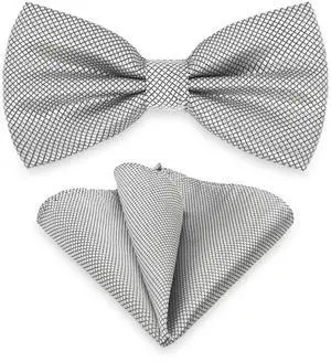 Men Bowtie and Handkerchief Set, Unisex Design Bow Tie and Pocket Square For Business Formal Tuxedo or Wedding M-B-T9 (Light Grey)