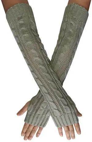 Winter Arm Warmers, Cable Knitted Long Fingerless Gloves For Goth & Punk Hip Hop & Cosplay & Christmas Party U-S-A3S (Light Gray, One Size)