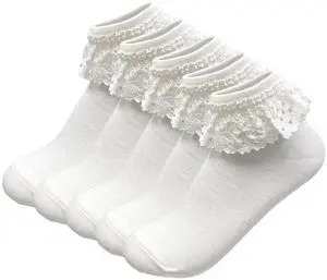 Women High Ankle Lace Socks, Bridal Ruffle Frilly School Girl Princess Dress Sock with Lace Trim For Lolita/Jk W-811 (A1-5 Pairs - White Eyelet Lace)