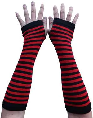 Women Striped Long Fingerless Gloves, Winter Knitted Arm Warmers For Punk Rock/ Cosplay/ Goth/ Christmas Party WM-S-G5 (Crimson & Black)