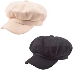 Women Newsboy Hats, Ladies Warm Wool Visor Beret Caps for Cabbie or Painter Outdoor in Spring Autumn Winter W-N-H-1 (T1-2 Pieces- Black,Beige)