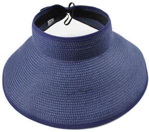 Beach Hats for Women, Packable Straw Sun Hat with Wide Brim and Ponytail for UV Protection and Summer Travel SM01 (Navy Blue)