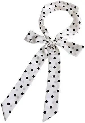 Bow Tie for Women, Elegant Satin Bowtie Long Ribbon Self Tie & Adjustable for Dresses & Graduation & School Uniform W-B-T1 (White Dot)