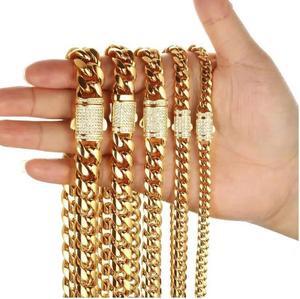 Men/Women Cuban Punk Hip Hop 316L Stainless Steel 18K Gold Plated 6/8/10/12/14mm Miami Bling Crystal Diamond Link 16"-30" Chain Necklaces Box Clasp Curb Choker Fashion Chains Gold 24" Chain Width 8MM