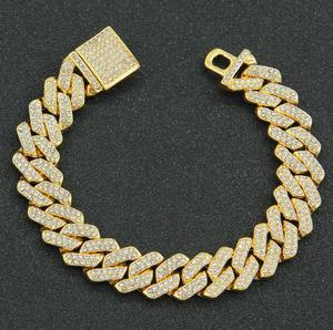 Men Iced Out Miami Cuban 18K Gold Plated Bling Crystal Diamond Cuban Link Chain Hip Hop Punk Men Elegant Fashion 7"-9" Chain Bracelets Jewelry Gold 9inch