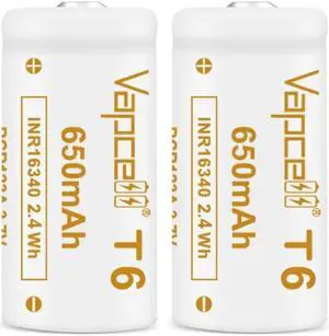 Vapcell 2PCS 16340 RCR123A T6 Rechargeable Battery 3.7V 650mAh 6A Li-ion For Flashlight Torch Battery