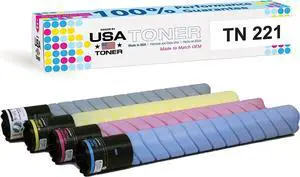 MADE IN USA TONER Compatible Replacement for use in Konica Minolta TN221K, TN221C, TN221M, TN221Y, bizhub C227, C287 (Black, Cyan, Yellow, Magenta, 4-Pack) MADE IN USA TONER Compatible Replacement for use in Konica Minolta TN221K, TN221C, TN221M, TN221Y, bizhub C227, C287 (Black, Cyan, Yellow, Magenta, 4-Pack)