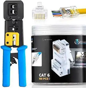 Everest Media Solutions Bundle - 2 Items: RJ45 Crimp Tool + 100 Pack of Cat6 Pass Through Connectors.