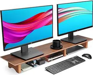Aothia Large Dual Monitor Stand Riser, Solid Wood Desk Shelf with Eco Cork Legs for Laptop Computer/TV/PC/Printers, Perfect Desktop Stands Organizer with Underneath Storage for Office Accessories