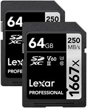 Lexar Professional 1667x 64GB (2-Pack) SDXC UHS-II Cards, Up To 250MB/s Read, for Professional Photographer, Videographer, Enthusiast (LSD64GCBNA16672)