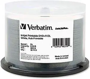 Verbatim 98319 DVD+R Dual Layer Recordable Disc, 8.5GB, 8X, Printable, Spindle, 50/Pk