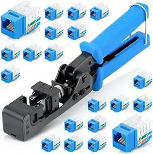Everest Media Solutions EMS easyJACK (CAT6 Kit) - Speed Termination Tool, with 20-Pack of Blue Cat6 Keystone Jacks - Punch Down Ethernet Crimper for EMS RJ45 UTP Female Connectors