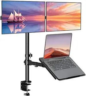 WALI Dual Monitor Stand, Laptop and Monitor Stand for 2 Screen 1 Laptop Notebook, Extra Tall Desk Mount for Monitor up to 27 inch, Notebook up to 17 inch (M002XLLP), Black