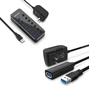 7 Port USB Hub +USB 3.0 Active Extension Cable 32 Feet with 5V 2A Power Adapter