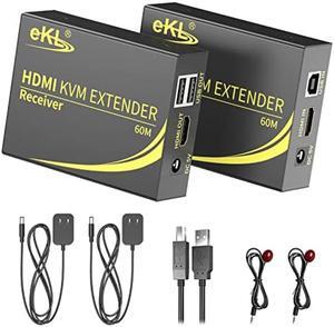 eKL KVM Extender HDMI USB 60m/196ft Over Cat5e/6 Ethernet Cable Supports 1080P@60Hz 2 Port USB 2.0 for Computer Plug & Play Without Driver