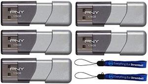 PNY 128GB USB 3.0 Flash Drive Elite Turbo Attache 3 (Five Pack) Model P-FD128TBOP-GE Bundle with (2) Everything But Stromboli Lanyard
