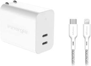[Bundle Pack: Innergie C6Duo + Innergie USB C to Lightning Cable] Innergie 63W PD3.0 QC4.0 PPS Dual-Port USB C Wall Charger and Innergie USB C to Lightning Cable Apple Mfi Certified 3A Charging Cable