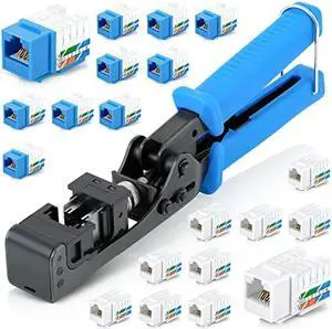 Everest Media Solutions easyJACK (CAT6A Kit) - Speed Termination Tool, with 10 Blue & 10 White CAT6A Keystone Jacks - Punch Down Ethernet Crimper for EMS RJ45 UTP Female Connectors