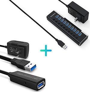 10 Port USB Hub + USB 3.0 Active Extension Cable 32 Feet with 5V 2A Power Adapter