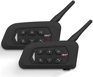 EJEAS V4 Plus Motorcycle Helmet Bluetooth Intercom, Bluetooth 5.1 Motorcycle Headset with CVC Noise Reduction and FM Radio Function for 4 Riders Talk at The Same Time Within 1500M (2 Pack)