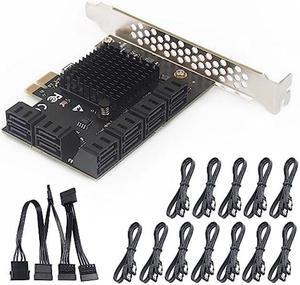 12-Port PCIe SATA Expansion Card with SATA Cables and 1:5 SATA Splitter Power Cable - Compatible with Windows, Linux, Mac OS, NAS