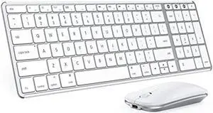 Wireless Bluetooth Keyboard and Mouse for Mac, Multi-Device Rechargeable Keyboard and Mouse Stainless Steel Full Size, Compatible with MacBook Pro/Air, iPad, iMac - White Silver