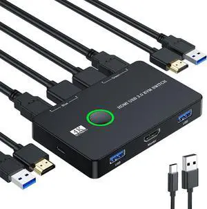 KVM Switch HDMI, Upgraded USB KVM Switch for 2 Computers Share Keyboard Mouse Printer to One HD Monitor, USB 3.0 Switch Supports 4K@60 Hz, 2 HDMI Cables, 2 USB Cables and 1 USB C Charge Cable Included