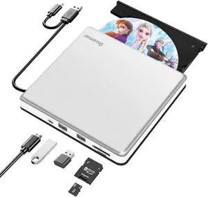 Guamar External CD Drive for Mac: Portable Slim DVD Burner for Laptop PC Windows with SD/TF Slot 2 USB Ports - Plug & Play USB-C Superdrive for MacBook High-Speed Read Write (Silver)