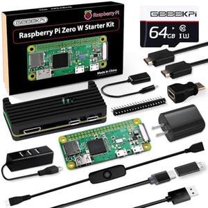 GeeekPi Raspberry Pi Zero W Starter Kit with RPi Zero W Aluminum Case 64GB SD Card Power Supply 20Pin Header Micro USB to OTG Adapter HDMI Cable HDMI Adapter Switch Cable and 4 Port USB Hub