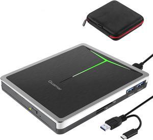 Guamar External CD DVD Drive, USB 3.0 USB-C CD/DVD+/-RW Burner Portable Optical Disk Drive CD ROM Reader Writer DVD Player for Laptop Desktop PC Mac Windows 11 with SD/TF Slot/2 USB Ports (Silver)