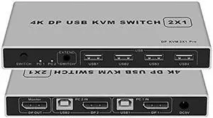 2 Port Displayport KVM Switch 4K@60Hz, BolAAzuL Dual-Port Displayport DP 1.2 KVM Switcher 2X1 4KX2K@60Hz 2K(2560X1440)@144Hz Supports USB DP 2 in 1 Out