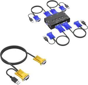 Yinker 4 Port VGA KVM + 1 Pack 10ft VGA KVM Cable