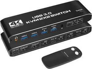 NEWCARE KVM Switch 2 Monitors 2 Computers, HDTeka 4K@60Hz HDMI KVM switches with 4 USB 3.0 Ports, Keyboard Video Mouse Audio Peripherals Switch Support UHD, Hotkey
