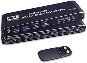 HDMI KVM Switch Dual Monitors 2 Computers, WrixWric 4K@60Hz HDMI KVM Switch 2 Port Extended Display, 2 PCs Share 2 Monitors with 3.5mm Audio, Support 4 USB 3.0 Share Keyboard Mouse Printer with Hotkey