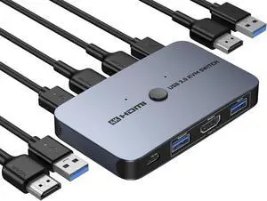 KVM Switch, ABLEWE Aluminum KVM Switch HDMI,USB Switch for 2 Computers Sharing Mouse Keyboard Printer to One HD Monitor, Support 4K@60Hz,2 HDMI Cables, 2 USB Cables and 1 Charing Cable Included
