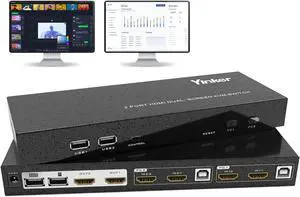Yinker 4K@60Hz Dual Monitor KVM Switch 2 Ports, 2 Computers Share 2 Monitors, 4 USB 2.0 Hub, Hotkey Buttons, EDID (HDMI & USB Cables Included)