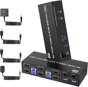 8K@60Hz USB3.0 Dual Monitor HDMI KVM Switch 2Port, HDMI KVM Switch for 2Monitors 2Computers with 3USB3.0 Ports, Extended Display Switcher with Audio Microphone, PC Monitor Keyboard Mouse Switch