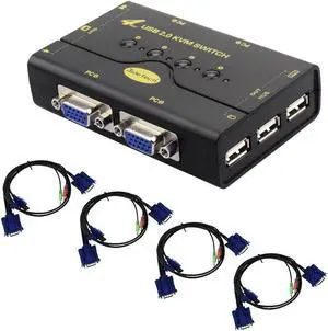 4 Port VGA KVM Switch with USB Hub and Audio Support Wireless Keyboard Mouse Connection and Push Button Switching Function