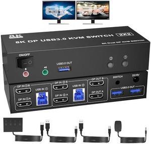 8K USB 3.0 Displayport KVM Switch 2 Monitors 2 Computers 8K@60Hz 4K@144Hz, Dual Monitor Displayport 1.4 KVM Switches with Audio Microphone Output and 3 USB 3.0 Ports, DP Switch for 2 PCs 2 Monitors