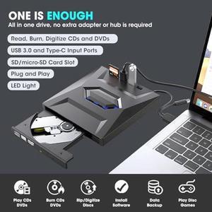 ROOFULL External CD DVD Drive with USB 3.0/2.0/Type-C Ports and SD Card Slot, Portable CD/DVD ROM +/-RW Disk Player Burner Reader Writer Adapter for Laptop PC Windows, Mac, Linux with Carrying Case
