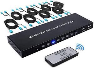 8 Port KVM Switch, 8 in 1 Out HDMI KVM Switch, for 8 PC Sharing 1 HD Monitor and 4 USB Devices, Support 4K@30Hz, with IR Remote and 8 HDMI Cables